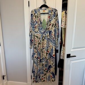 FARM Rio Multicolor Bird Print Long Sleeve Dress